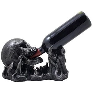 Skeleton Skull Hand Gothic Resin Wine Bottle Holder Rising from Flames Statue